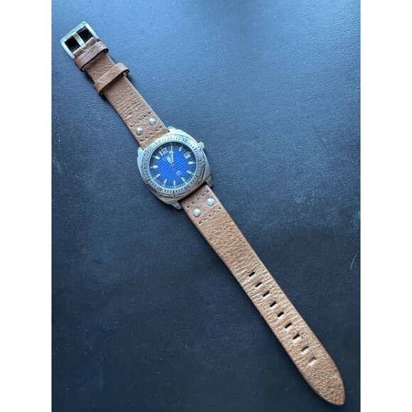 Fossil Blue Watch Men Date Stainless Steel Silver Batt Leather Brown 100m Quartz - Picture 2 of 10